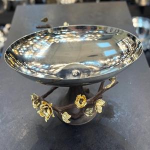 Bol de service de fête moderne de luxe en acier inoxydable avec un design de branche brune naturelle et une fleur dorée, écologique - Product Image 1