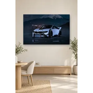 Impression sur toile de la BMW i8 Fida White Widebody la nuit devant le mont Fuji - Product Image 1
