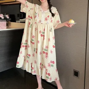 Pyjamas en coton pour femmes, chemises de nuit légères pour femmes - Robes de nuit à manches courtes, col en V en dentelle, brodées, grandes tailles - Product Image 6