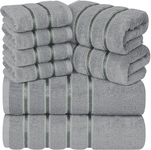 Juego de toallas teñidas antimicrobianas de algodón 600 GSM 100% de lujo de 8 piezas Toallas de playa de baño cuadradas de secado rápido a rayas de viscosa para uso diario - Product Image 1