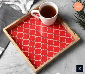 Bandeja cuadrada de madera de mango rojo marroquí de 10 pulgadas con asas, bandeja decorativa para servir, Plato decorativo para mesa de desayuno - Product Image 2