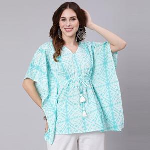 Vestido Kaftán de Algodón con Estampado Tie Dye Azul Claro, Estilo Casual Elegante con Cintura Elástica, Talla Única XS-XL para Salir de Noche - Suministro ODM - Product Image 1