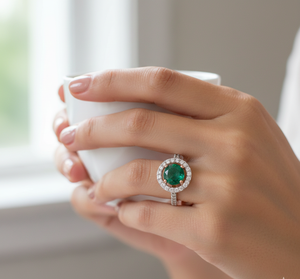 Anillo de Compromiso de Oro Rosa Natural con Halo de Diamantes y Gema Verde de Corte Redondo para Mujer - Product Image 2