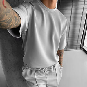 Verano Casual O cuello manga corta suelta moda verano transpirable hombres dos piezas poliéster Casual chándal de gran tamaño - Product Image 4