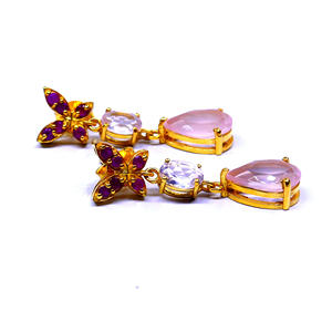 Pendientes colgantes elegantes atractivos de piedras preciosas de cuarzo rosa rubí chapados en oro de Plata de Ley 925 para boda - Product Image 3