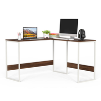 Table d'ordinateur portable en forme de L pour la maison ou le bureau, bureau, bureau, érable brun avec pieds en métal blanc