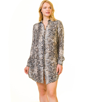 Vestido Camisero de Gasa para Mujer, Color Beige, Estampado Animal, Cintura Natural, Corte Ajustado, Casual, Ecológico, Lavable, Mini, Sin Mangas, con Puntos Plateados