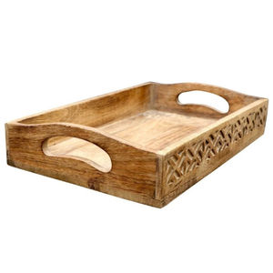 Plateau de service en bois de manguier artisanal avec poignées, style vintage, plat unique sculpté à la main avec incrustations blanches pour la décoration de la maison - Product Image 2