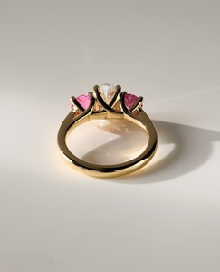 IGI Certified Oval Cut Lab Grown Diamond Three Stone Engagement Ring with <b>Pink</b> Side Stones in 9K Yellow/White & Rose Gold - Product Image 4