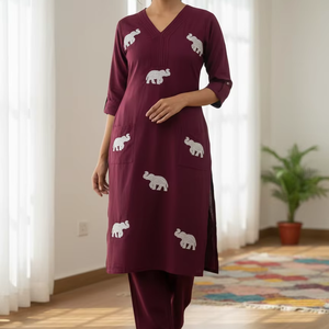 Ensemble Kurti et pantalon en coton artisanal de luxe Unity Luxure, tissu en coton pur doux avec imprimé motif d'éléphant - Product Image 1