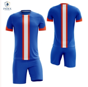 Ensemble de maillot de football pour homme INDEX APPAREL, bleu, rouge, blanc, rayé, sublimé, respirant, manches courtes, col rond, coupe athlétique - Product Image 1