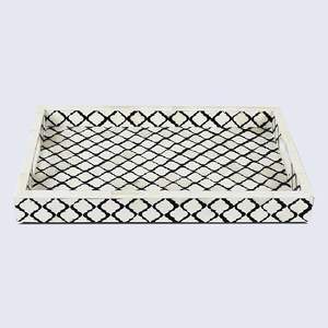 Bandeja de servicio con incrustaciones de hueso hechas a mano Bandeja rectangular única de madreperla con asas India HF Crafts - Product Image 6