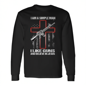T-shirt à manches longues pour homme adulte, col rond, avec impression sérigraphiée « Simple Man I Like Guns And Believe In Jesus », cadeaux religieux pour l'église - Product Image 3