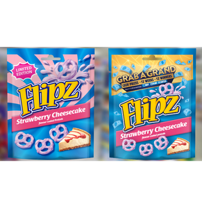 Venta al por mayor de Pretzels Flipz con sabor a tarta de queso de fresa, 6 cajas de 90g, Pretzels crujientes con recubrimiento de tarta de queso de fresa - Product Image 1