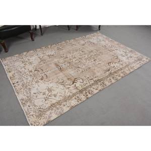 Vintage Classic Turkish Rug Beige <b>Brown</b> 5.3 X 8.1ft Handmade <b>Wool</b> with Latex Backing Patchwork Pattern for Bedside - Product Image 4