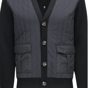 Mens V Neck Cardigan Sweater Quilted Front Panel Button Closure Knit Jacket Long Sleeve Smart Casual <b>Layering</b> <b>Top</b> - Product Image 6