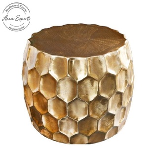 Contemporary Brass Honeycomb Side Table with Wood Top Handmade Metal <b>Frame</b> Modern Living Room Furniture - Product Image 2