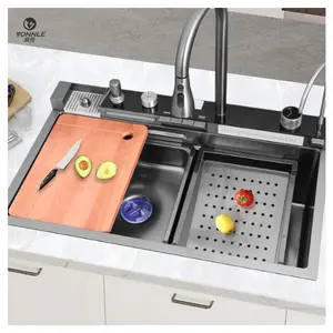 Nuevo fregadero de cocina con pantalla digital para el hogar, fregadero de cocina moderno con cascada, cocina de acero inoxidable