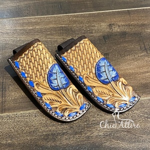 ปลอกหุ้มมีดหนังวัวแท้พร้อมห่วงเข็มขัดสำหรับมีดพับปลอกหุ้มมีดแกะสลักลายดอกไม้ตะวันตกแบบพรีเมี่ยม - Product Image 1