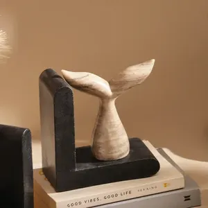 Handcrafted Whale Tail <b>Bookends</b> with Natural Stone Bases Sculptural Book Holder Pair for Home Office Hotel - Product Image 4