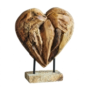 Velove Stand Handcrafted <b>Wooden</b> Heart Sculpture <b>Rustic</b> Romantic Tabletop Decorative Artwork Metal Stand Home Decor Display - Product Image 1