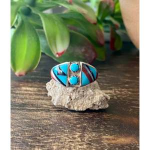 Zuni Handmade Turquoise Gemstone Multi-Stone Sterling <b>Silver</b> Inlay <b>Statement</b> Geometry Design IGI Certified Size Everyday Wear - Product Image 1