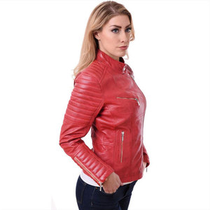 Chaqueta de abrigo de motocicleta de satén tejido transpirable con cremallera de cuero genuino para mujer - Product Image 2