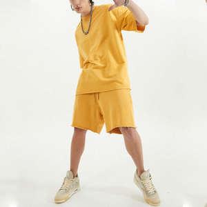 Survêtement d'été jaune unisexe 100% coton surdimensionné blanc grande taille survêtements personnalisés deux pièces ensemble court pour hommes - Product Image 2