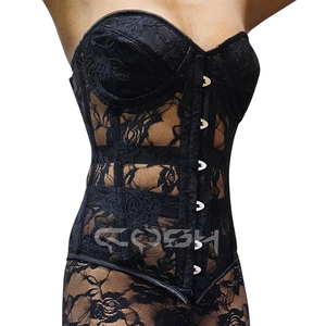 Corsé de encaje floral transparente negro hecho a medida con copas redondeadas y leggings florales a juego |   Proveedor de Conjuntos de Lencería - Product Image 3