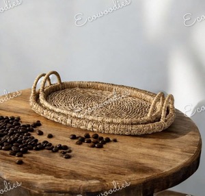 Bandeja de servicio redonda de ratán tejida a mano de nuevos diseños, juego de bandejas de ratán de tejido Natural de 2 bandejas de cesta de cuerda de yute con asa - Product Image 4