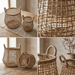 Natural Hand Woven Banana Bark Storage Basket Set Open Grid Mesh Belly Pot Planter Pure Art Arch Handle Decor Setup Room Design - Product Image 3
