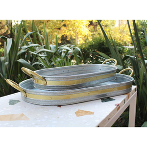 Exclusive Quality Fruit and Food Galvanized <b>Tray</b> With Gold Polished Handles Large Size Tableware Food Server Ware Metal <b>Trays</b> - Product Image 2