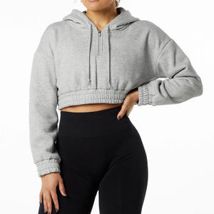 Custom Logo Winter Knitted Badge Crop <b>Tops</b> Women's Hoodie Puff Printed <b>Long</b> <b>Sleeve</b> Grey Thick Zip-Up Hoodie - Product Image 1