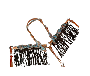 EquiElite Exports - Conjunto de arreos de cuero repujado floral en azul verdoso y marrón, con flecos de gamuza marrón, cabezada y pechera estilo western para espectáculos ecuestres - Product Image 1