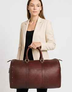 Sac de voyage de luxe en cuir véritable gaufré crocodile bordeaux avec fermeture éclair, idéal pour le week-end, les voyages, la gym, le sport et les séjours d'une nuit - Product Image 2