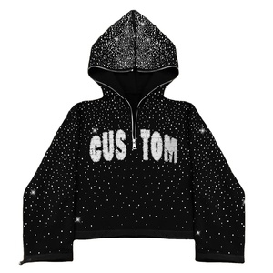Sweat à capuche pour homme personnalisé de haute qualité, coupe courte, strass, poids lourd, épaules tombantes, broderie usée, demi-zip - Product Image 1