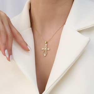 925 Sterling <b>Silver</b> 14K Gold Plated Pave CZ Zircon Infinity <b>Cross</b> Pendant Necklace Link <b>Chain</b> Religious Christian Gift - Product Image 2