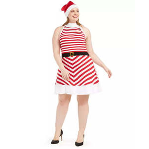 Robe évasée tendance pour femme Planet Gold, grande taille, rayée, couleurs contrastées, taille 4XL, avec bonnet de Père Noël rouge naturel - Product Image 1