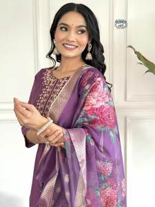 Heavy Viscose Roman Silk <b>Fabric</b> O Neck Style Hand Crated Mirror Work Knee Length South <b>Indian</b> Kurti / Kurta Set For Women Wear - Product Image 2