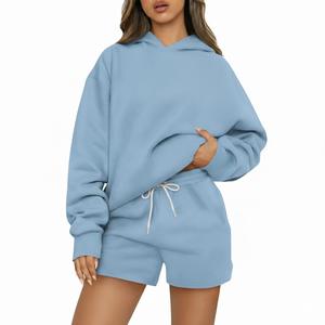 Customized <b>Women's</b> Autumn/Winter Solid Color <b>Long</b> Sleeve Hoodie Two-Piece Set Badge Front Design 100% Cotton Fashionable Casual - Product Image 5
