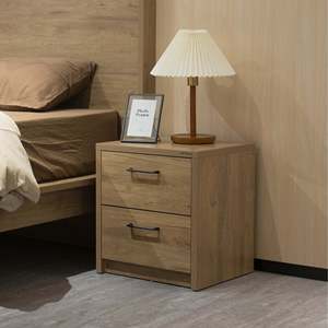 Modern 2 Drawer Nightstand in Oak Finish, Minimalist Wooden Bedside <b>Table</b> with Black Handles, Compact <b>Storage</b> <b>End</b> <b>Table</b> for Bedr - Product Image 1