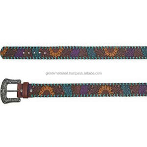 Cinturón de herramientas de cuero occidental con patrón floral multicolor personalizado para unisex con hebilla floral antigua de diseñador - Product Image 3