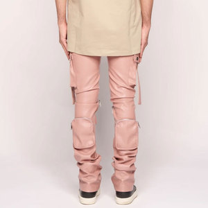 Pantalon cargo rose en PU pour homme, coupe ample, style workwear, avec poches plaquées, couleur unie, tissu tissé - Product Image 2