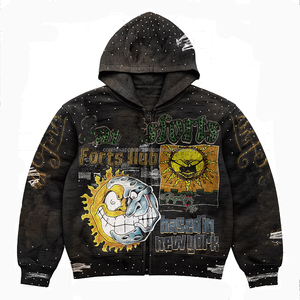 Custom Logo Streetwear Oversized Acid Washed Heavyweight Zip up Hoodie Distressed Letter Patch <b>Work</b> Embroidery Zip up <b>Hoodies</b> - Product Image 3