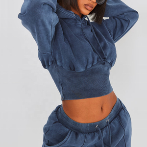 Conjunto de sudadera extragrande y Jogger para mujer con hombros caídos Sudadera con capucha de longitud corta con pantalones de chándal para trotar - Product Image 2