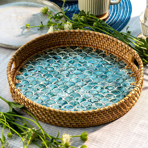 Handmade natural rattan round serving tray with Mother of Pearl inlay for coffee table decor from Vietnam - Product Image 2