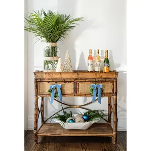 Mesa de Bar de ratán envejecido Obra maestra Mesa de ratán de dos niveles para exhibir la colección de licores - Product Image 2