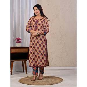 Beige Butta <b>Block</b> <b>Printed</b> Cotton Kurta Pant Set with Mulmul Dupatta Indian Style Ethnic Wear for Daily Party Occasions - Product Image 6