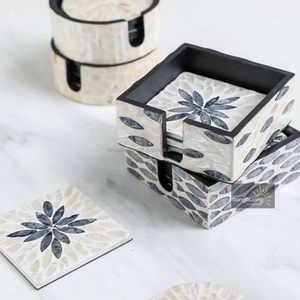 Ensemble de dessous-de-verre en os et bois incrustés, motif à carreaux, faits à la main, pour tasses, table à manger et décoration de cuisine, noyer - Product Image 2