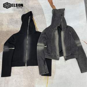 Style tendance bonne qualité recadrée hommes détresse broderie 450gsm poids lourd Applique Patch acide lavage fermeture éclair à capuche - Product Image 5